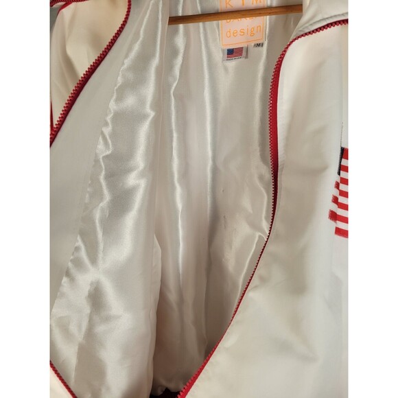 VTG USA Flag Satin Bomber Jacket Mens MEDIUM LARGE Kim Baker Design White - Picture 7 of 12